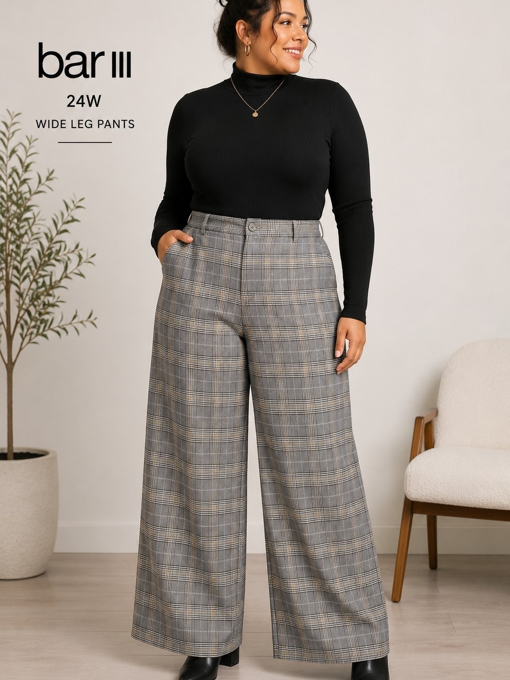 Bar III NWT Plus Size 24W Glen Plaid Wide Leg Trousers Office Career Pants